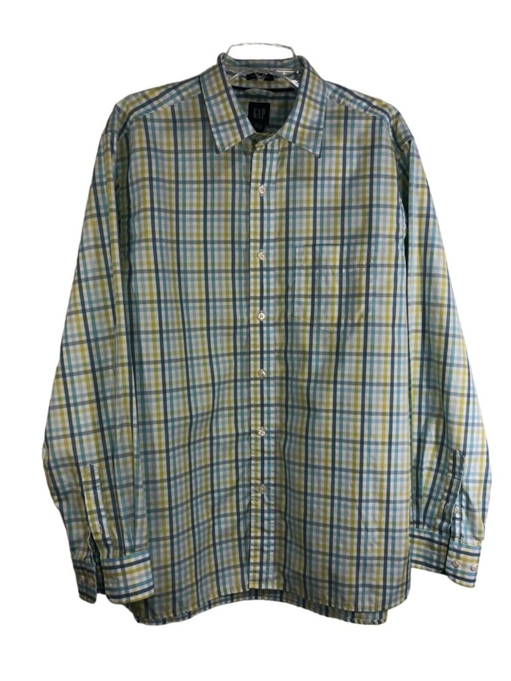 Gap Mens Classic Fit Blue Green Plaid Button-Up Shirt Mens Size 16-16.5